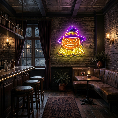 Pumpkin Witch Hat Neon Sign – Halloween LED Wall Light for Spooky Party & Home Décor