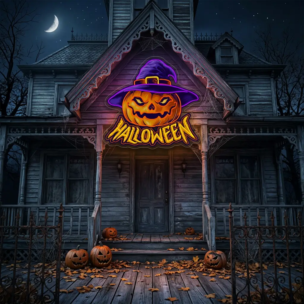 Pumpkin Witch Hat Neon Sign – Halloween LED Wall Light for Spooky Party & Home Décor