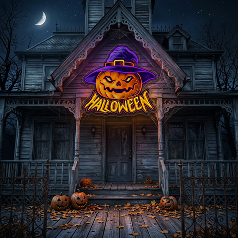 Pumpkin Witch Hat Neon Sign – Halloween LED Wall Light for Spooky Party & Home Décor