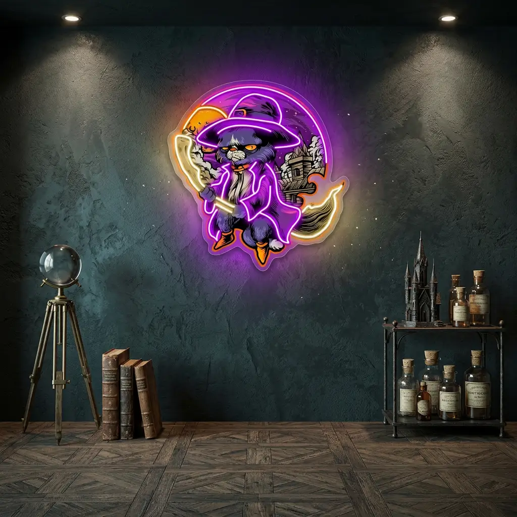 Black Cat Witch Neon Sign – Halloween LED Wall Light for Spooky Home & Party Décor