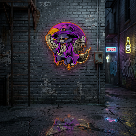 Black Cat Witch Neon Sign – Halloween LED Wall Light for Spooky Home & Party Décor