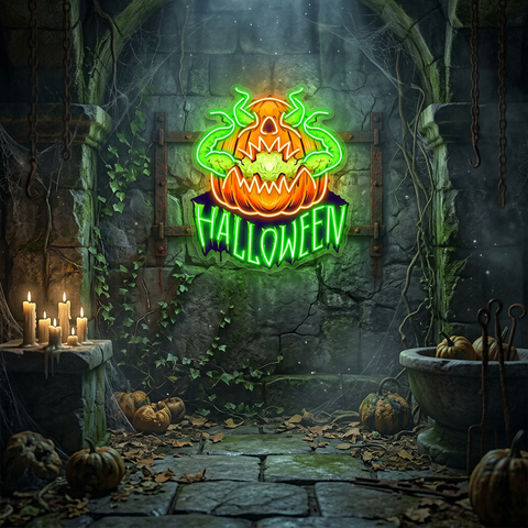 Evil Pumpkin Neon Sign – Green LED Halloween Wall Light for Spooky Home & Party Décor