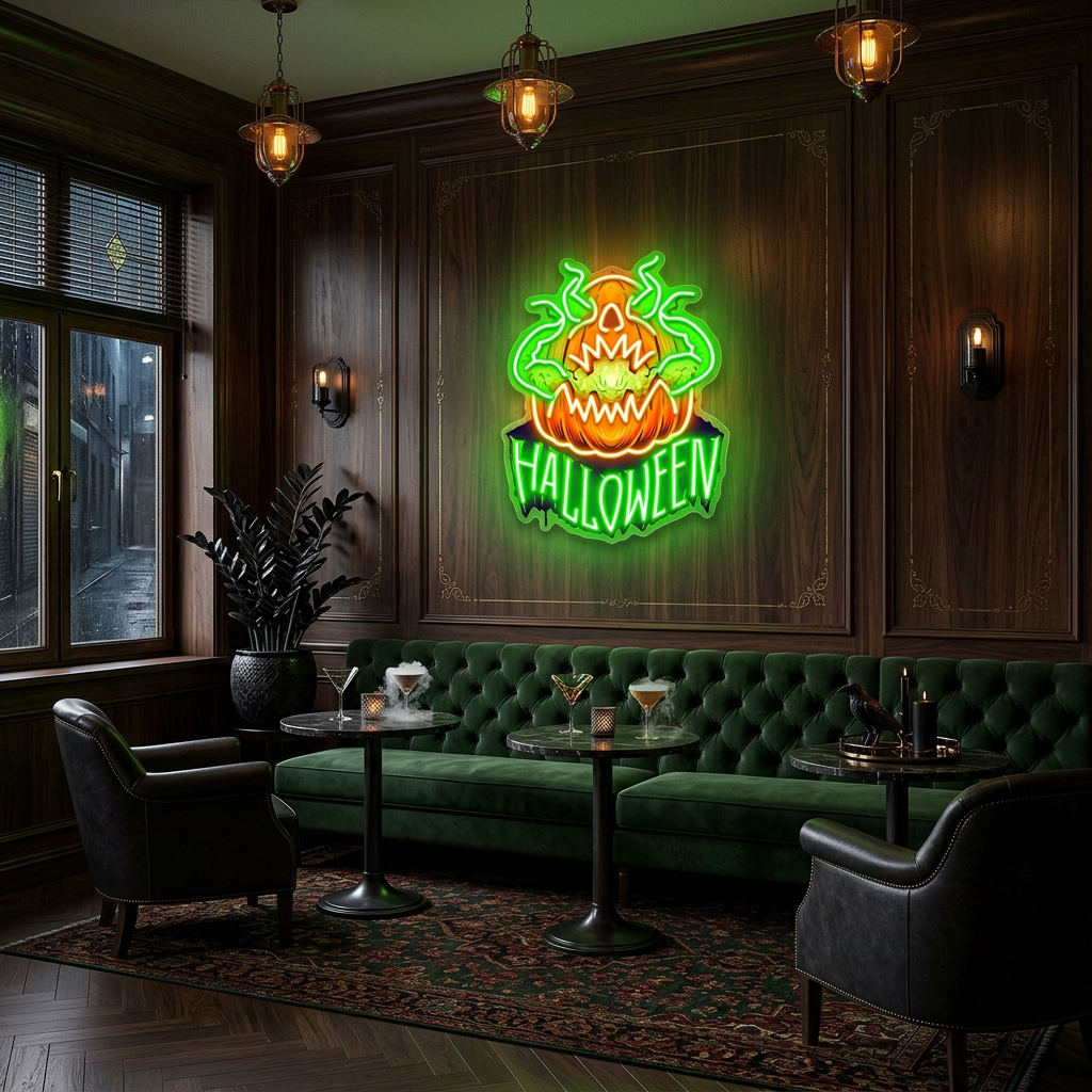 Evil Pumpkin Neon Sign – Green LED Halloween Wall Light for Spooky Home & Party Décor
