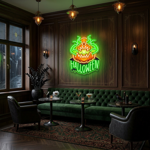 Evil Pumpkin Neon Sign – Green LED Halloween Wall Light for Spooky Home & Party Décor
