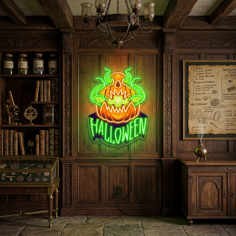 Evil Pumpkin Neon Sign – Green LED Halloween Wall Light for Spooky Home & Party Décor