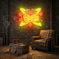 Ouch comic burst neon sign in yellow and red on a brick wall above a leather armchair
