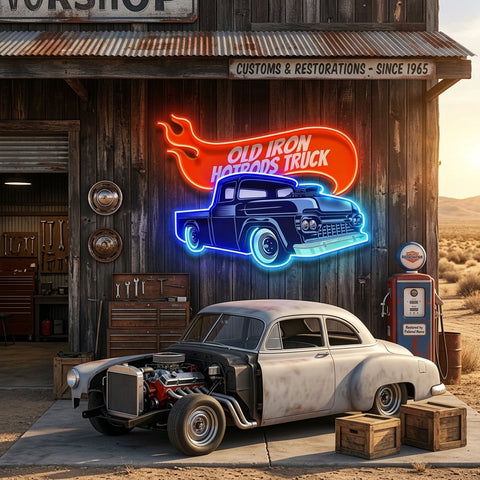 Old Iron Hotrods Truck LED Neon Sign Light Pop Art