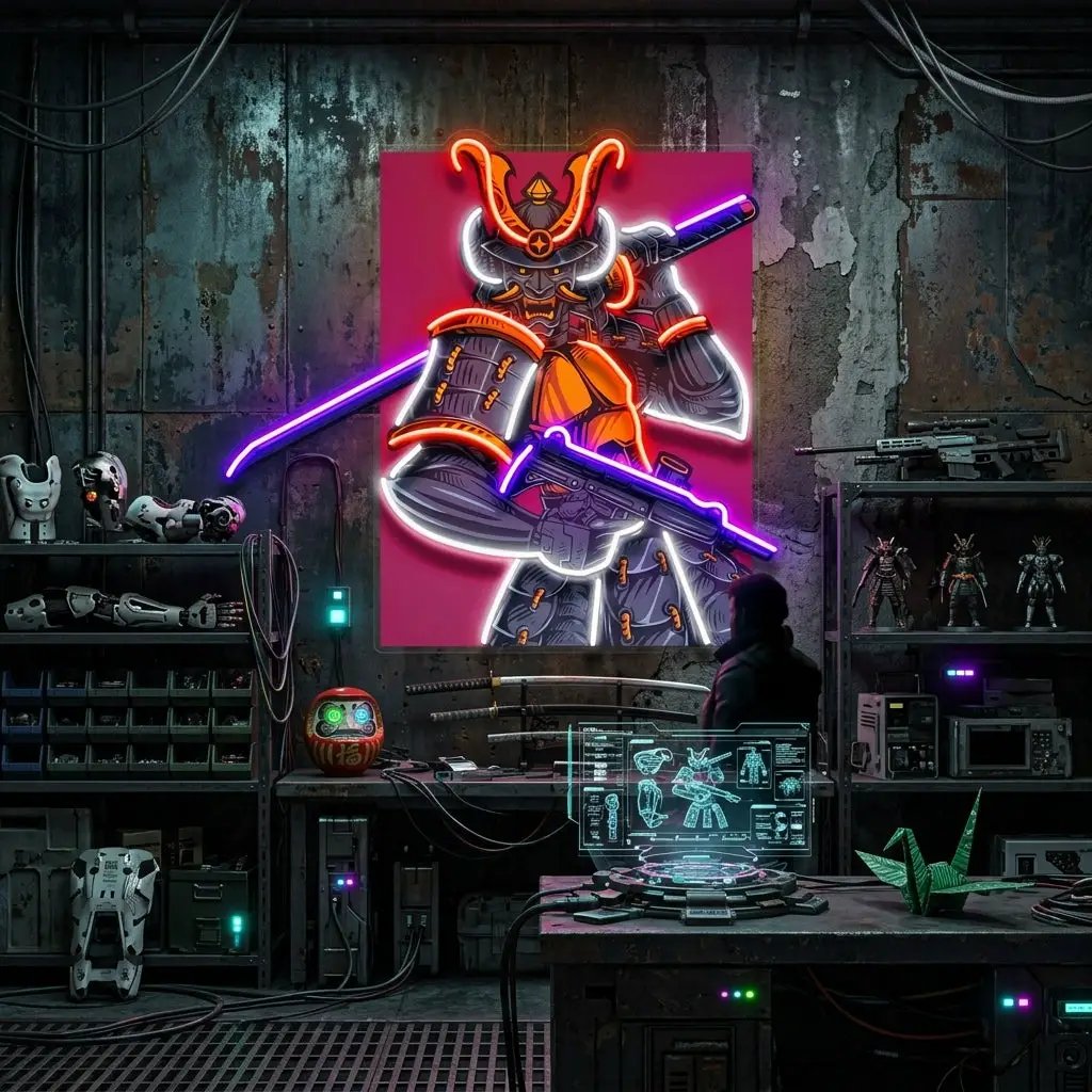 Oni Samurai Mascot LED Neon Sign Light Pop Art