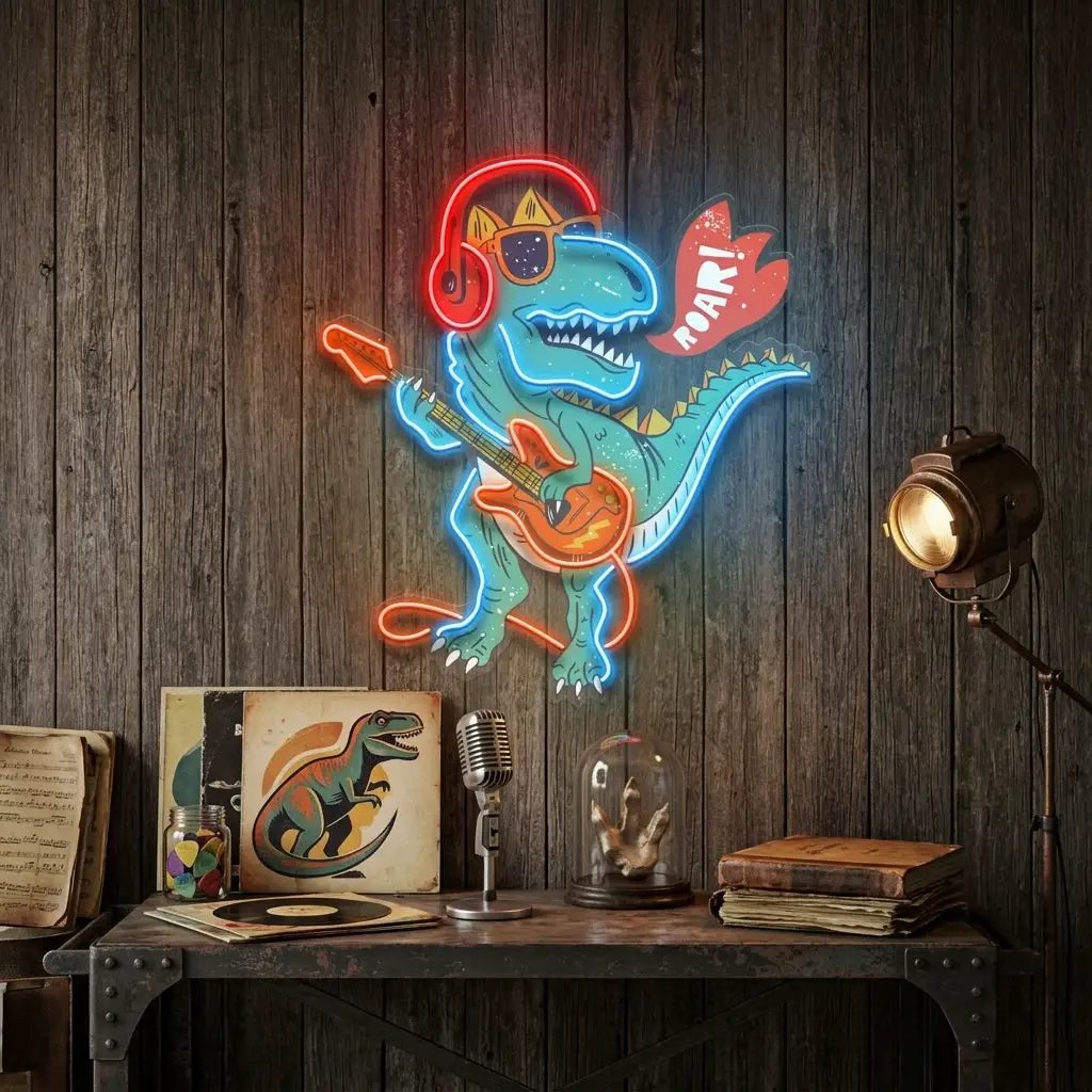 Ool Dinosaur Playing Guitar LED Neon Sign Light Pop Art