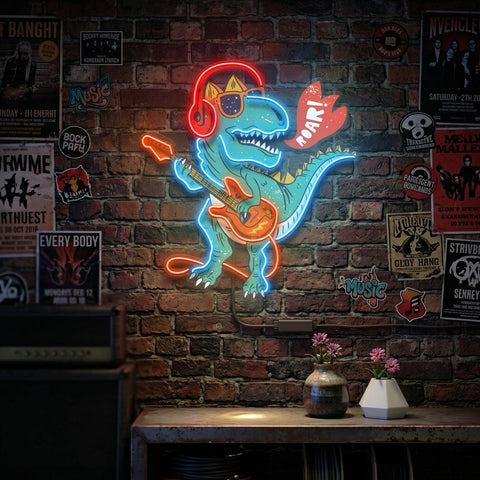 Ool Dinosaur Playing Guitar LED Neon Sign Light Pop Art