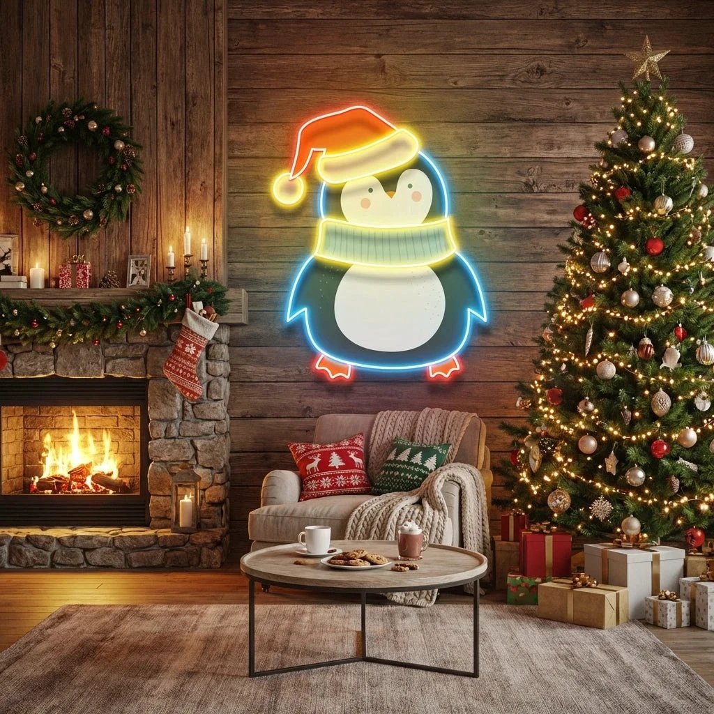 Penguin with Xmas hat Art Work Led Neon Sign Light