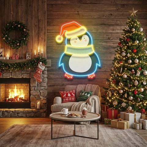 Penguin with Xmas hat Art Work Led Neon Sign Light