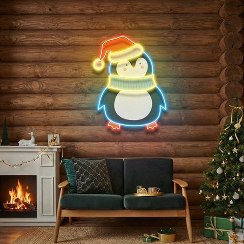Penguin with Xmas hat Art Work Led Neon Sign Light