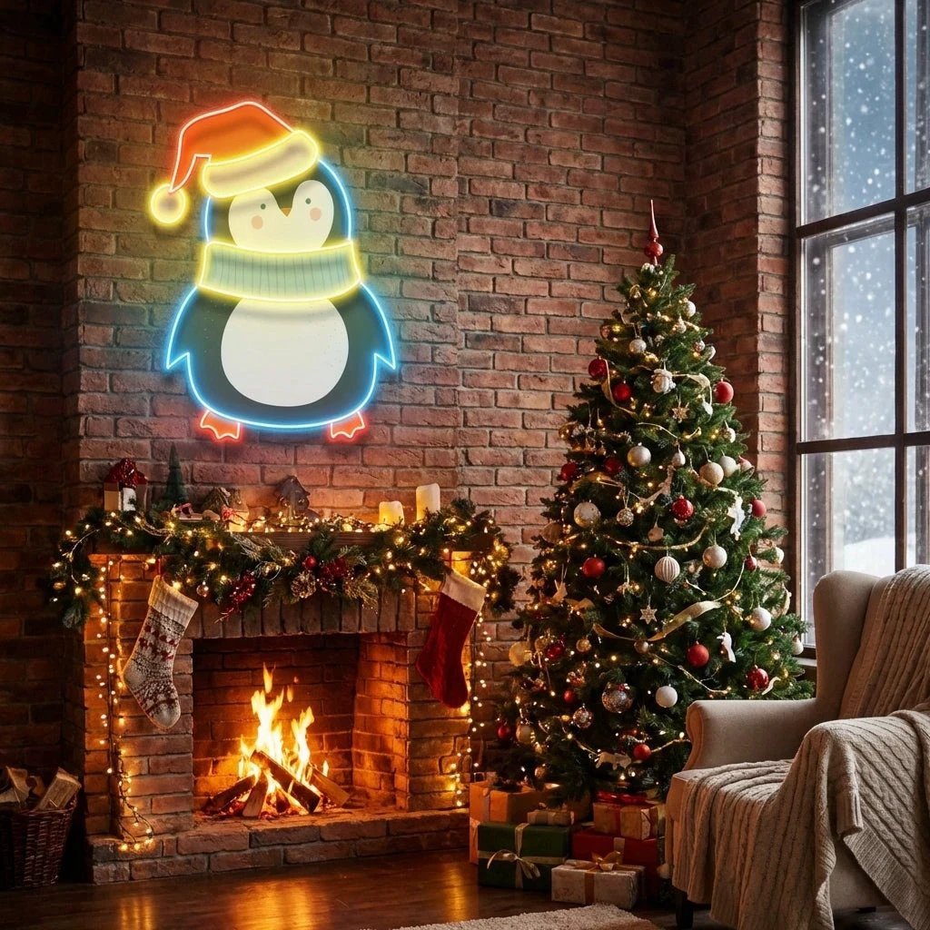 Penguin with Xmas hat Art Work Led Neon Sign Light