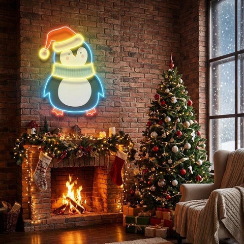 Penguin with Xmas hat Art Work Led Neon Sign Light