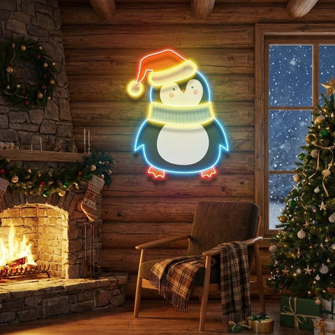 Penguin with Xmas hat Art Work Led Neon Sign Light
