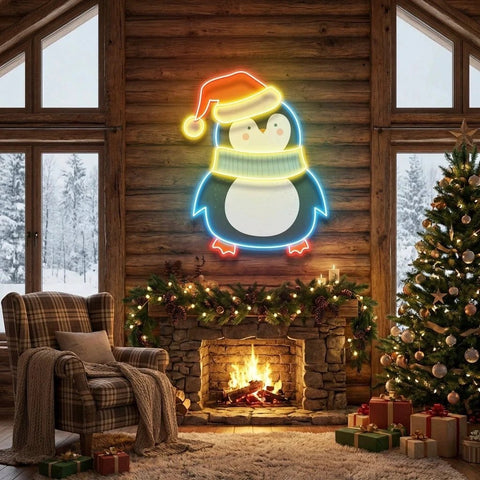 Penguin with Xmas hat Art Work Led Neon Sign Light