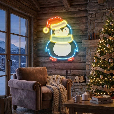 Penguin with Xmas hat Art Work Led Neon Sign Light