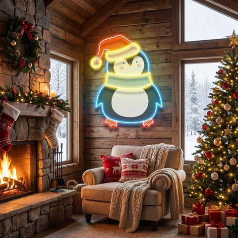 Penguin with Xmas hat Art Work Led Neon Sign Light