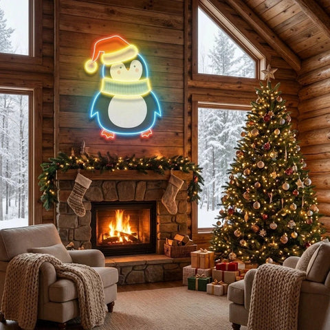 Penguin with Xmas hat Art Work Led Neon Sign Light