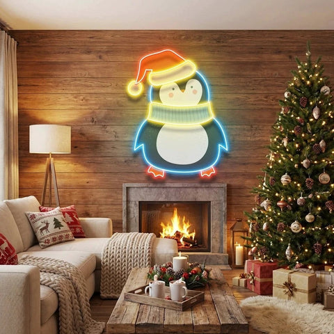 Penguin with Xmas hat Art Work Led Neon Sign Light