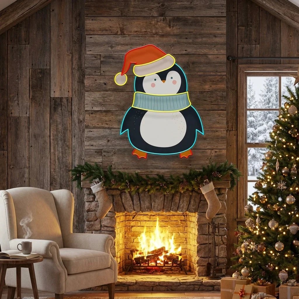 Penguin with Xmas hat Art Work Led Neon Sign Light
