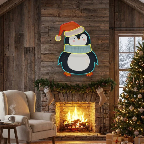 Penguin with Xmas hat Art Work Led Neon Sign Light