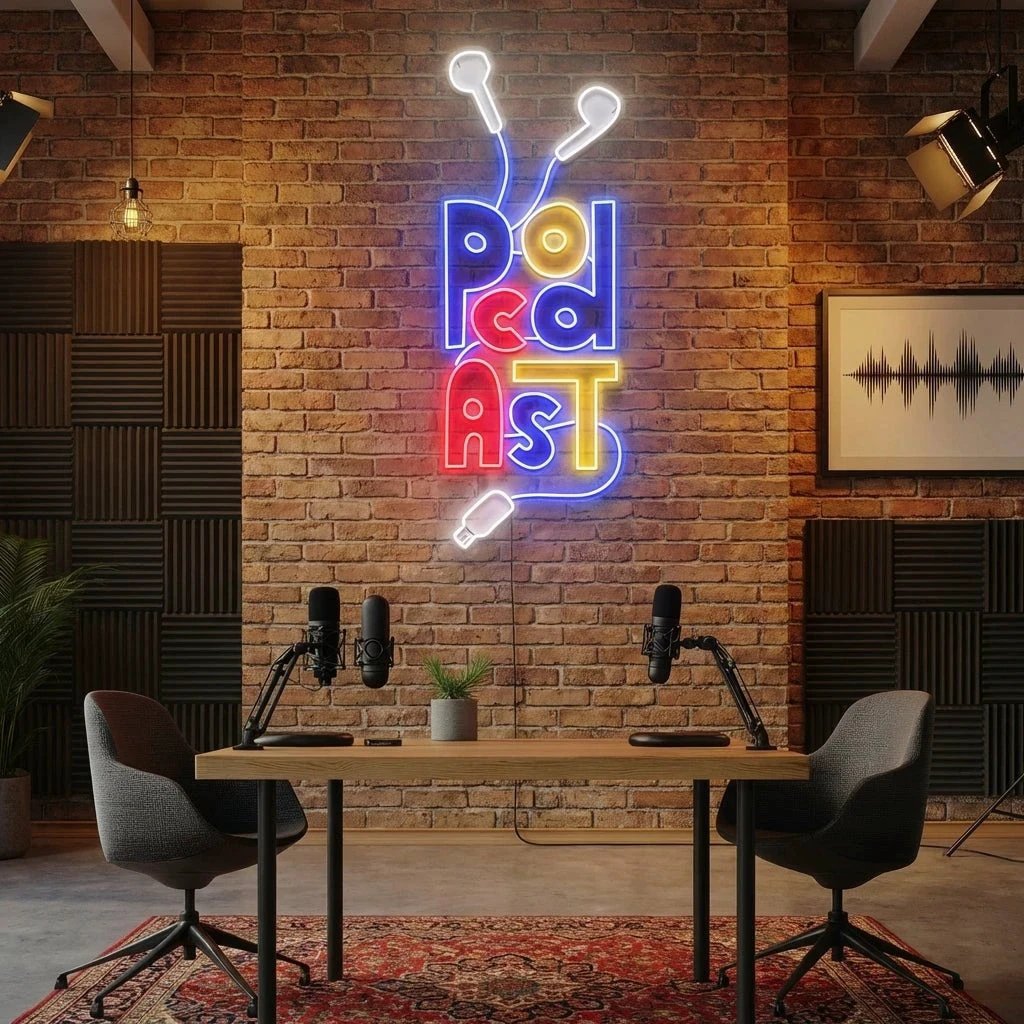 Podcast Studio LED Neon Sign - Wire Earphones Artwork Decoration