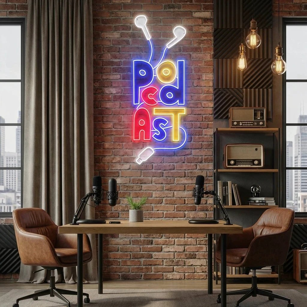 Podcast Studio LED Neon Sign - Wire Earphones Artwork Decoration
