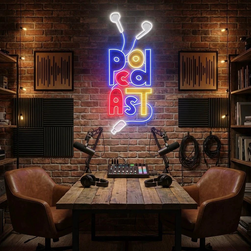 Podcast Studio LED Neon Sign - Wire Earphones Artwork Decoration