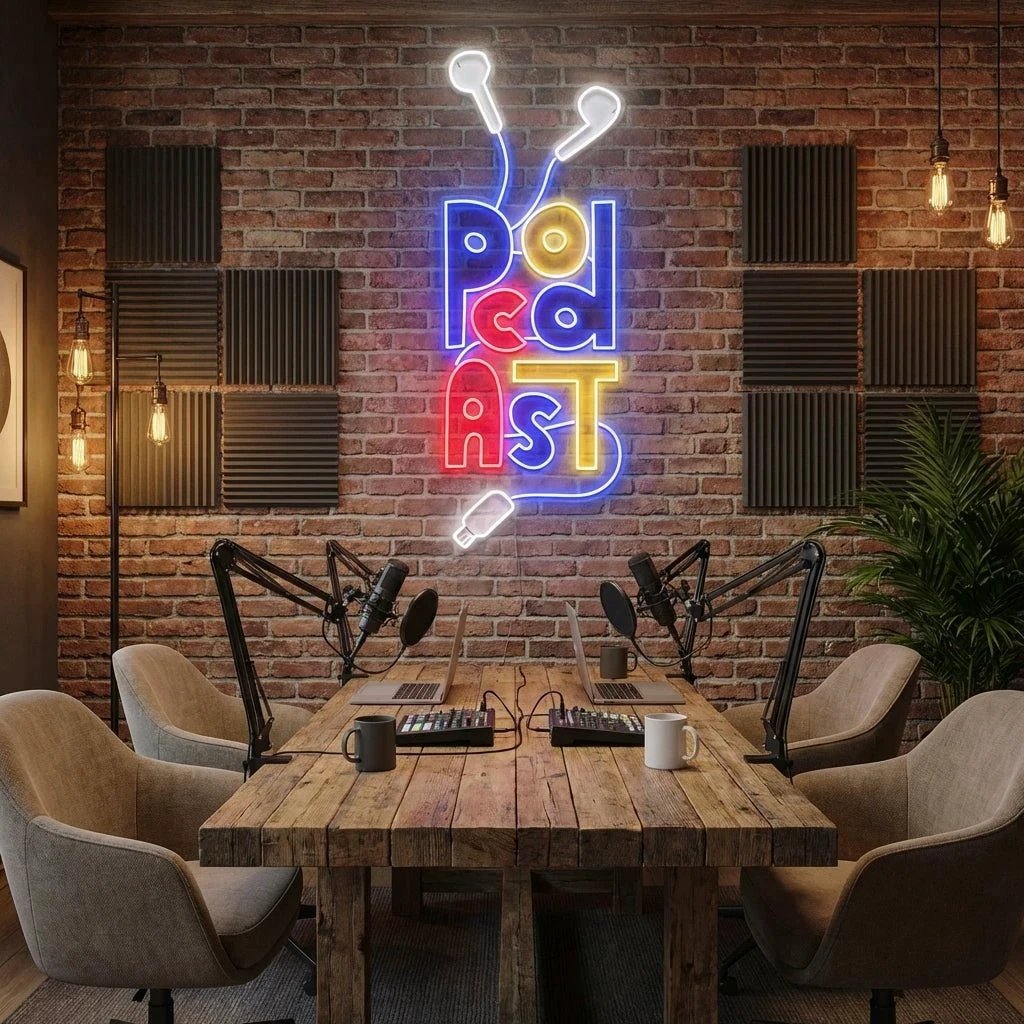 Podcast Studio LED Neon Sign - Wire Earphones Artwork Decoration