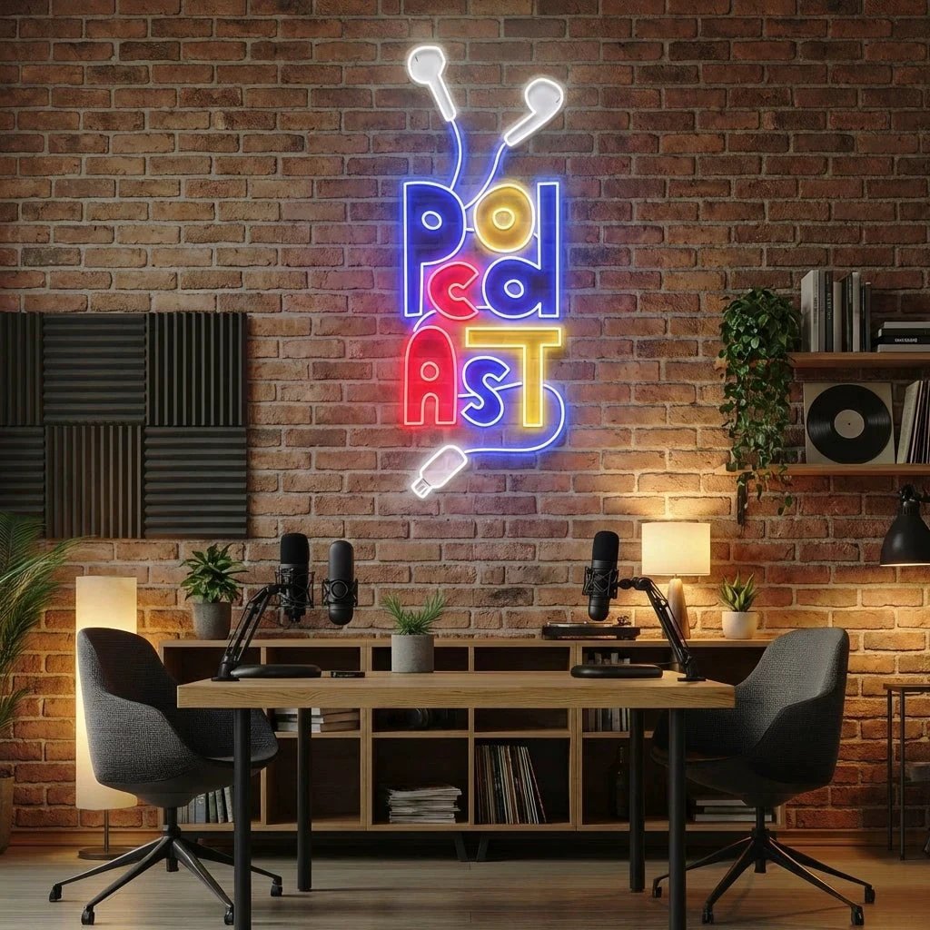 Podcast Studio LED Neon Sign - Wire Earphones Artwork Decoration