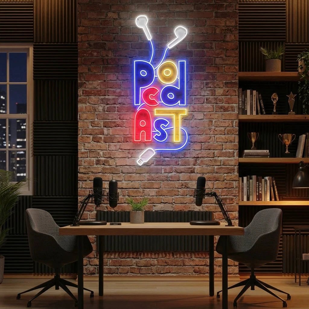 Podcast Studio LED Neon Sign - Wire Earphones Artwork Decoration