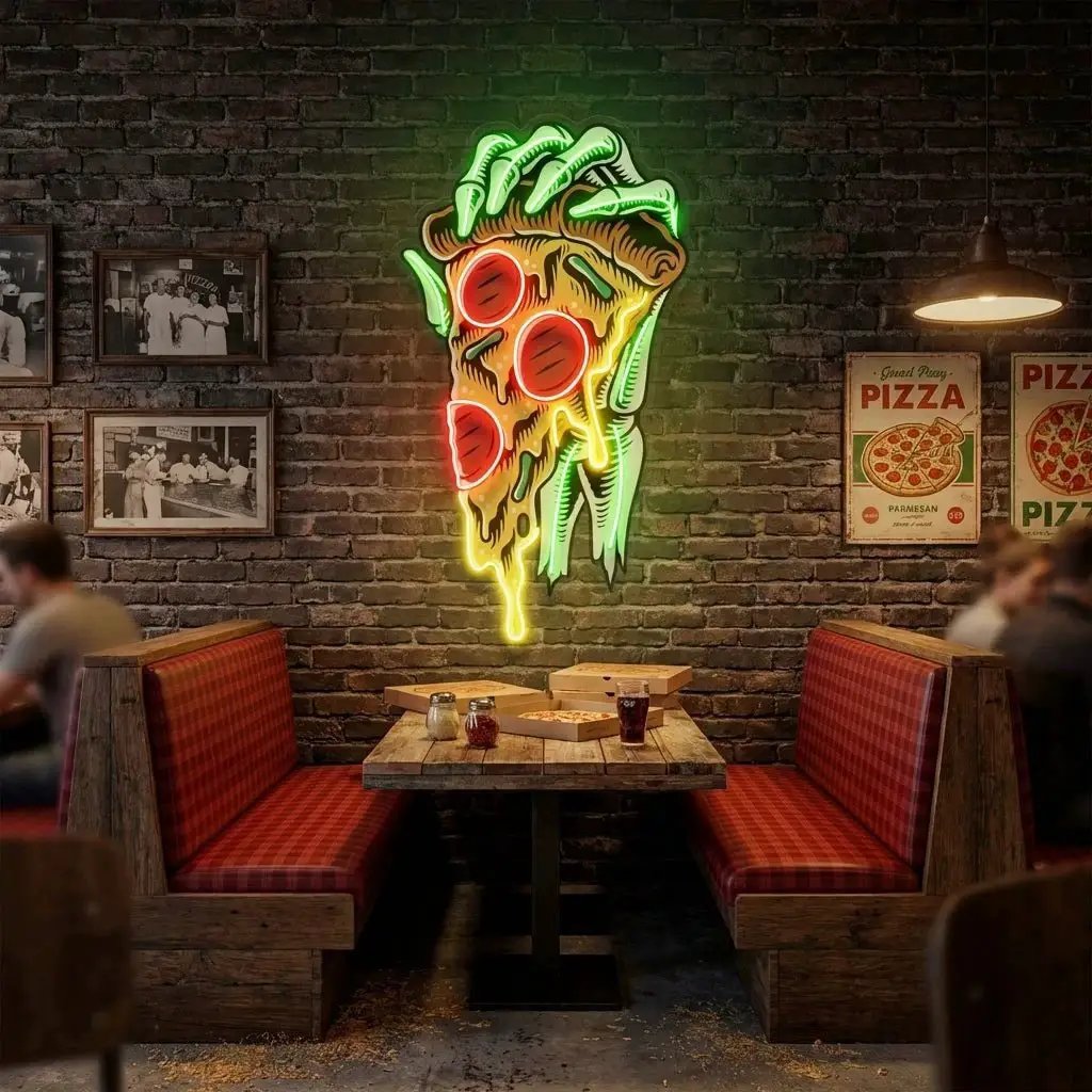 Pop Art Hand With A Slice Of Pizza Artwork Led Neon Sign Light