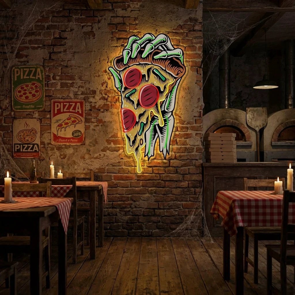 Pop Art Hand With A Slice Of Pizza Artwork Led Neon Sign Light