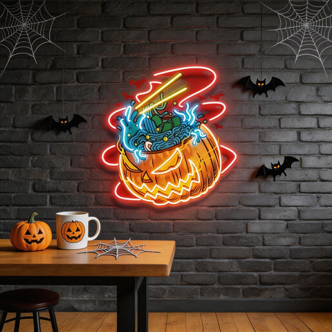 Pumpkin Ramen Monster With Halloween Artwork Led Neon Sign Light