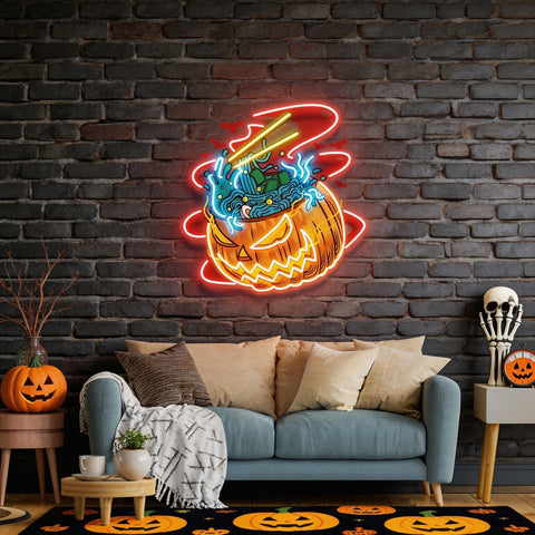 Pumpkin Ramen Monster With Halloween Artwork Led Neon Sign Light