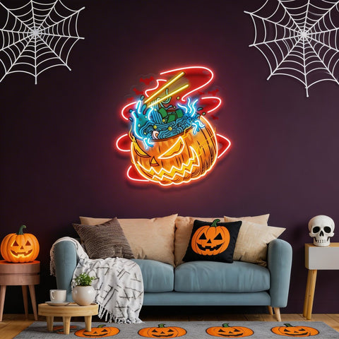Pumpkin Ramen Monster With Halloween Artwork Led Neon Sign Light