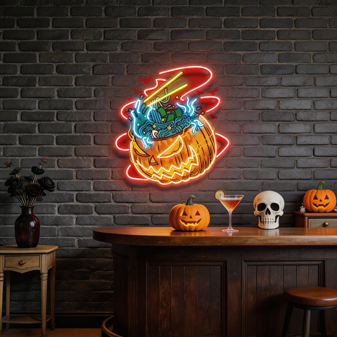 Pumpkin Ramen Monster With Halloween Artwork Led Neon Sign Light