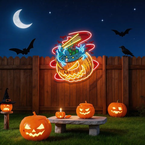 Pumpkin Ramen Monster With Halloween Artwork Led Neon Sign Light