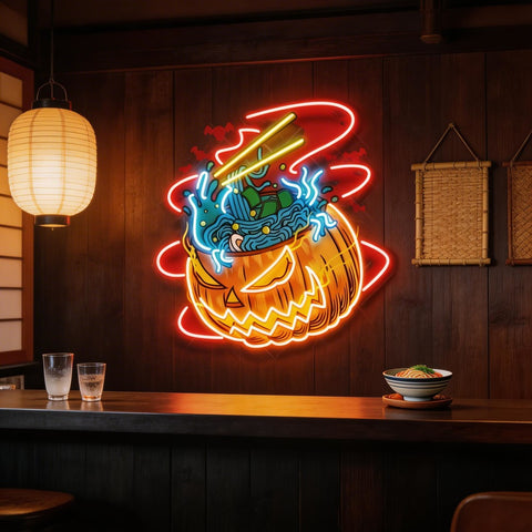 Pumpkin Ramen Monster With Halloween Artwork Led Neon Sign Light