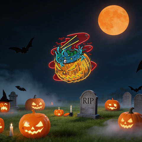 Pumpkin Ramen Monster With Halloween Artwork Led Neon Sign Light