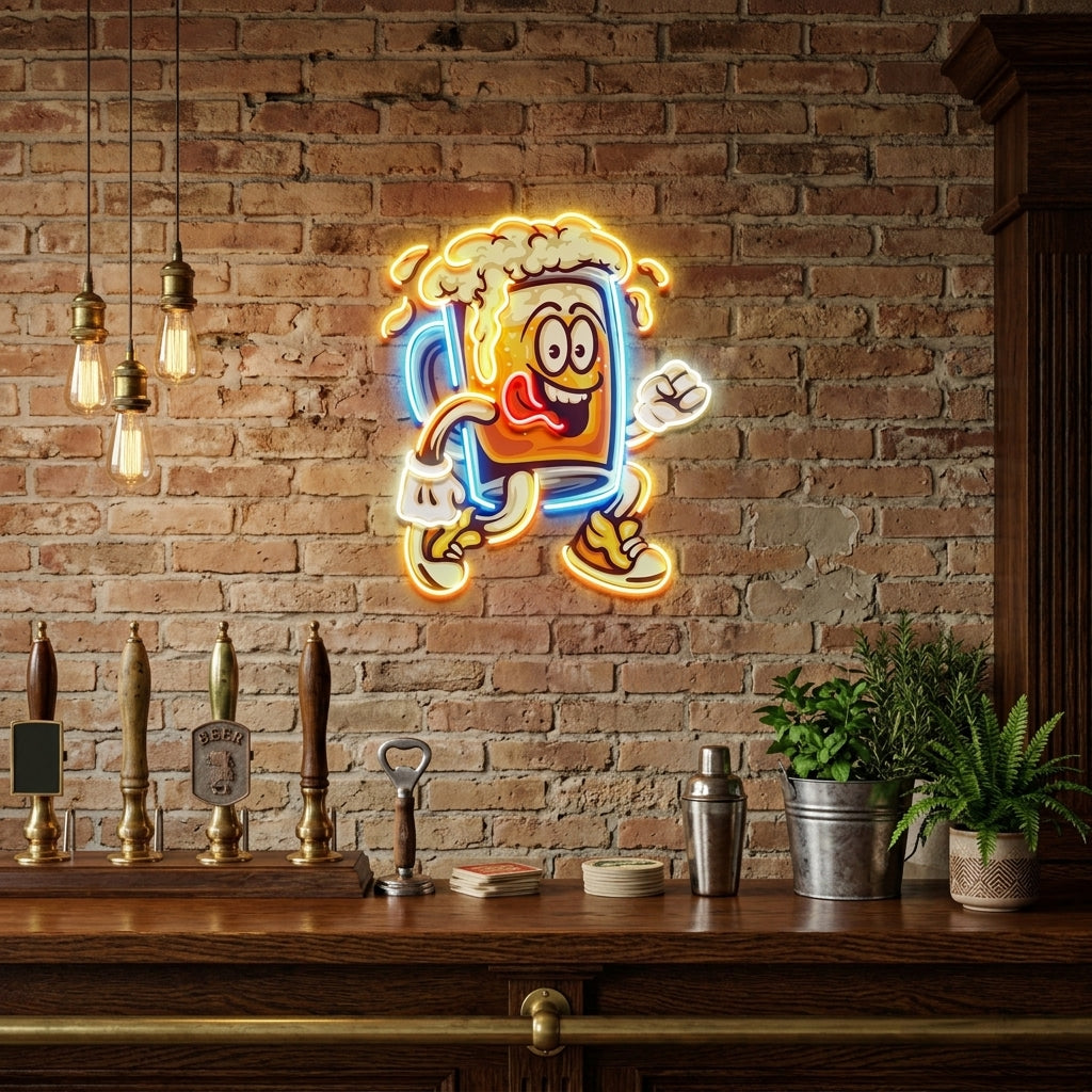 Running Beer Glass LED Neon Sign Light Pop Art