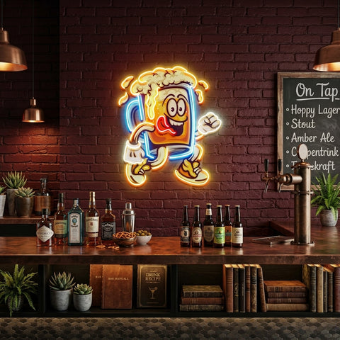 Running Beer Glass LED Neon Sign Light Pop Art
