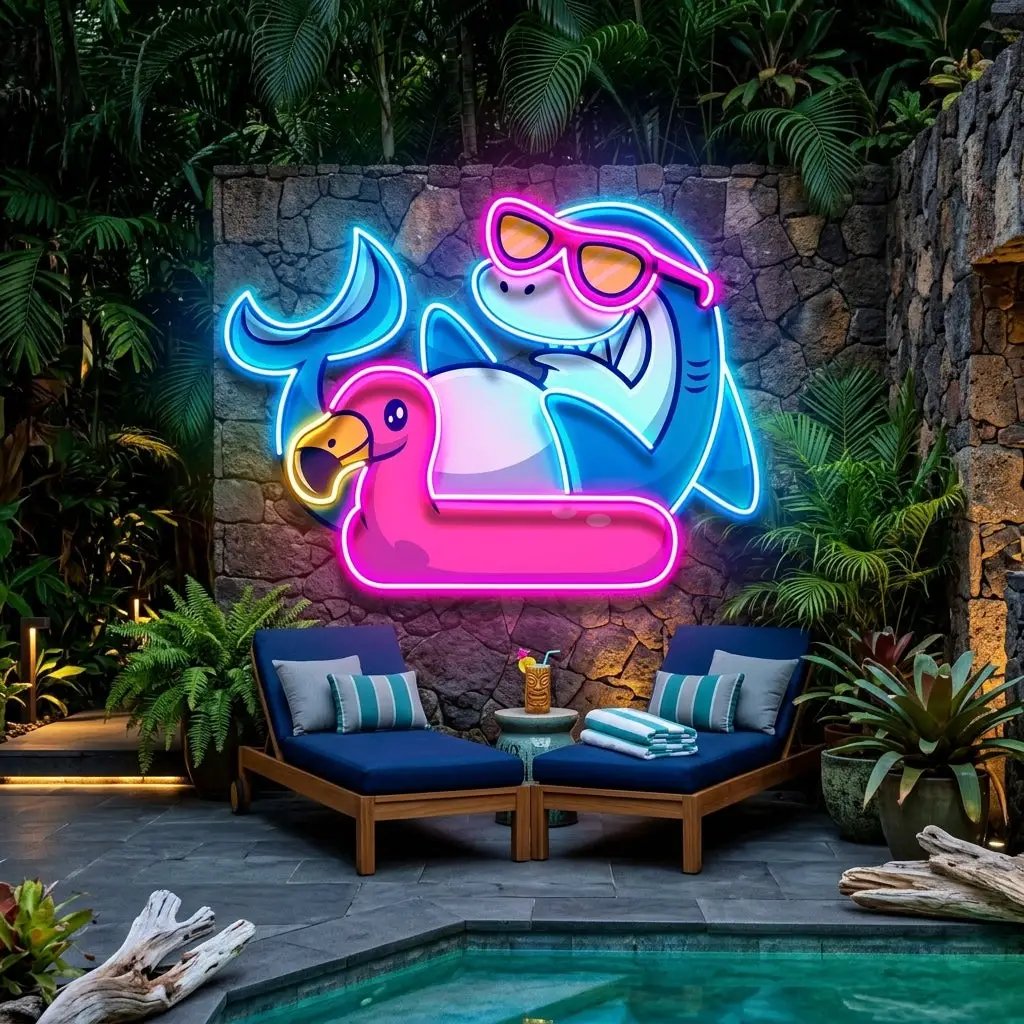 Shark Relax On Flamingo Tires LED Neon Sign Light Pop Art