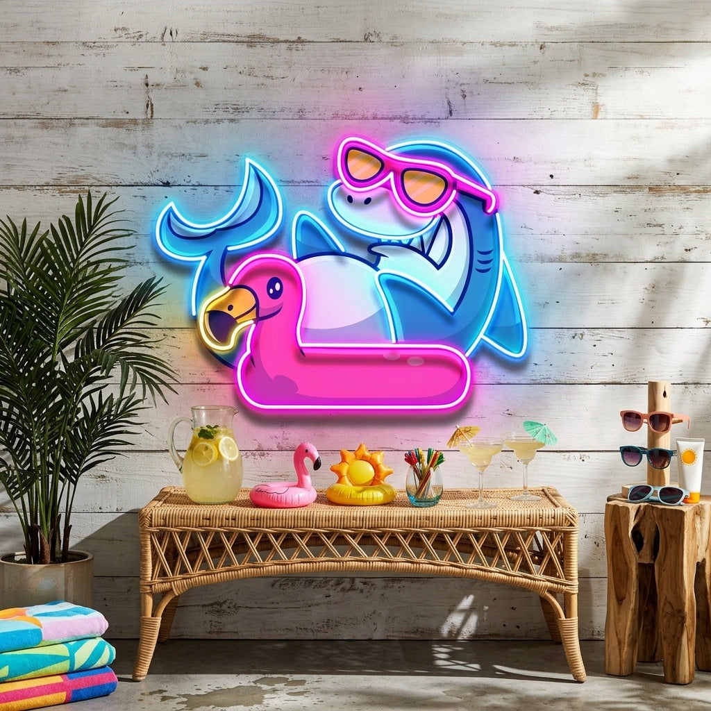 Shark Relax On Flamingo Tires LED Neon Sign Light Pop Art