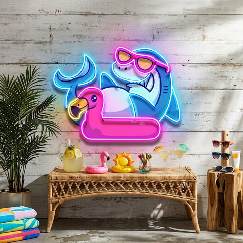 Shark Relax On Flamingo Tires LED Neon Sign Light Pop Art