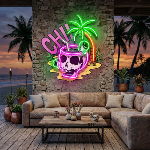 Skull Head Chill With Weed LED Neon Sign Light Pop Art