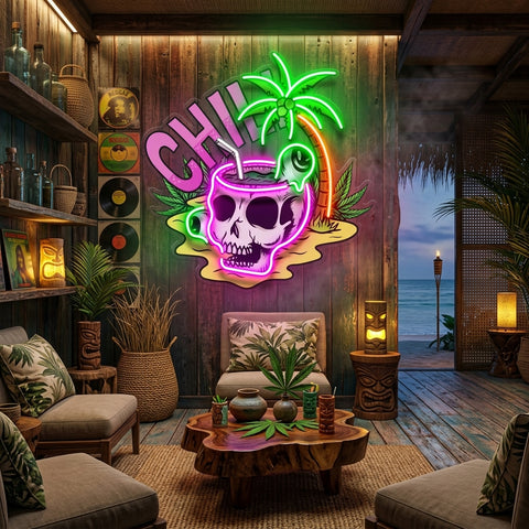 Skull Head Chill With Weed LED Neon Sign Light Pop Art