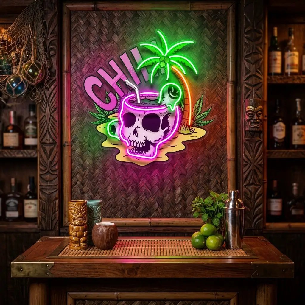 Skull Head Chill With Weed LED Neon Sign Light Pop Art